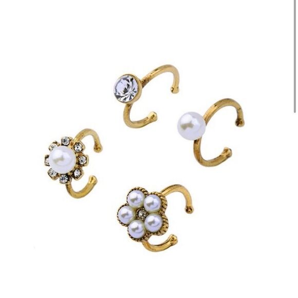 NWT Set Of 4 Antique Gold Pearl Rhinestone Ring Cuffs - Picture 2 of 4